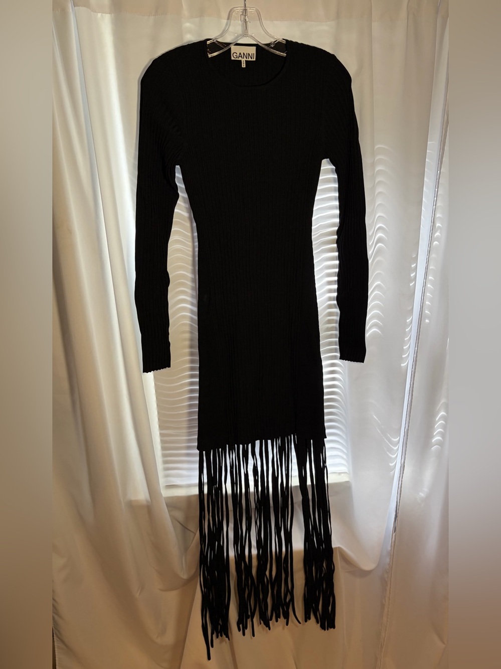 GANNI Black Melange Knit Fringe Mini Dress size M